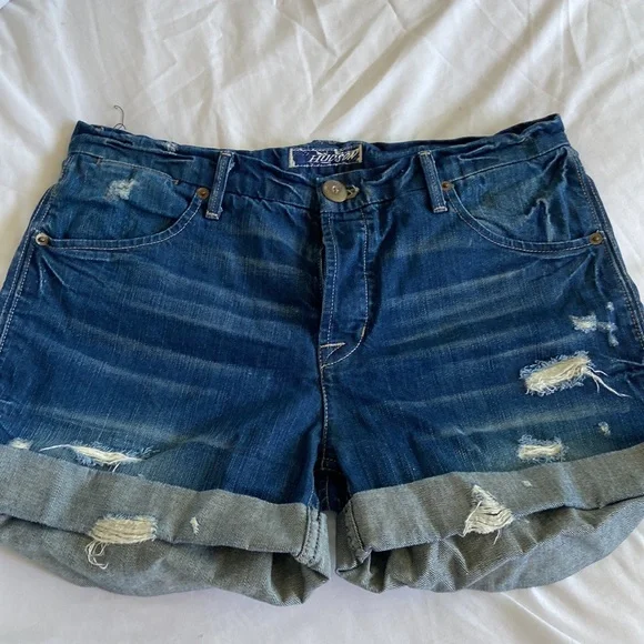 Hudson Distressed Button-Fly Cuffed Denim Shorts - Size 27 - Boyfriend Fit - Picture 2 of 5